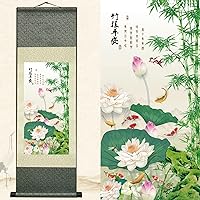 Newscz Asian Wall Art for Living Room Chinoiserie Decor Bamboo Wall Scroll Silk Scroll Painting Art Poster Bamboo Report Safety Oriental Decor Art Mural Ready to Hanger 36 by 12 in