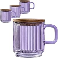 Lysenn Glass Coffee Mugs Set of 4 - Premium Classical Vertical Stripes Glass Cups with Lid - for Latte, Tea, Chocolate, Juice, Water - Lead-Free - Bamboo Lid – Amethyst Purple