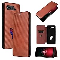 ZORSOME for Asus ROG Phone 5 Flip Case,Carbon Fiber PU + TPU Hybrid Case Shockproof Wallet Case Cover with Strap,Kickstand Brown