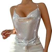 Womens Tank Tops Casual Fashion V Neck Crop Top Sexy Blackless Strappy Sequin Sparkle Shimmer Camisole Sleeveless Tanks Tops