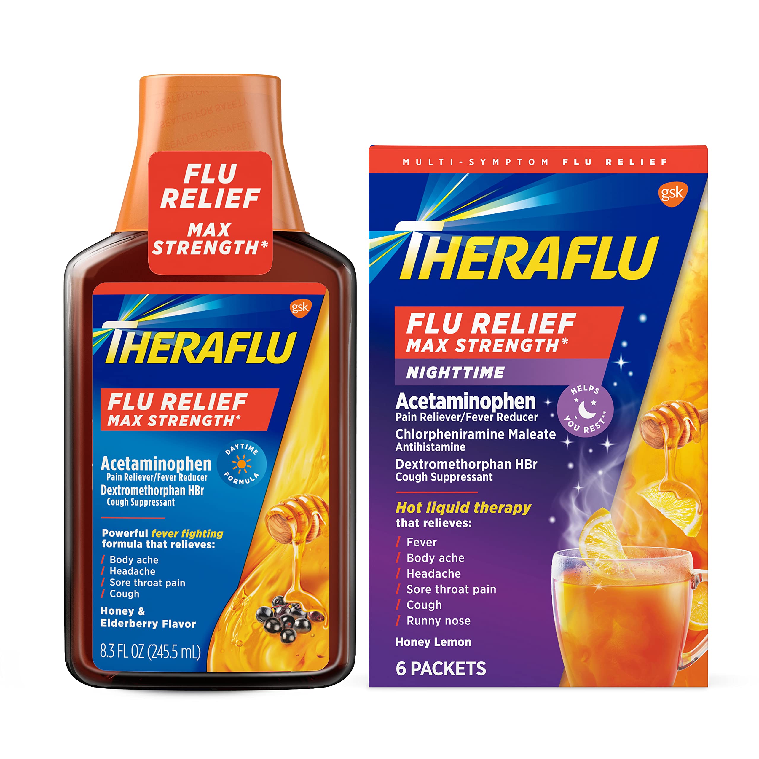 Theraflu Max Strength Daytime Flu Symptom Relief, Honey and Elderberry Syrup, 8.3 Fl Oz and Nighttime Flu Symptom Relief, Honey Lemon - 6 Count