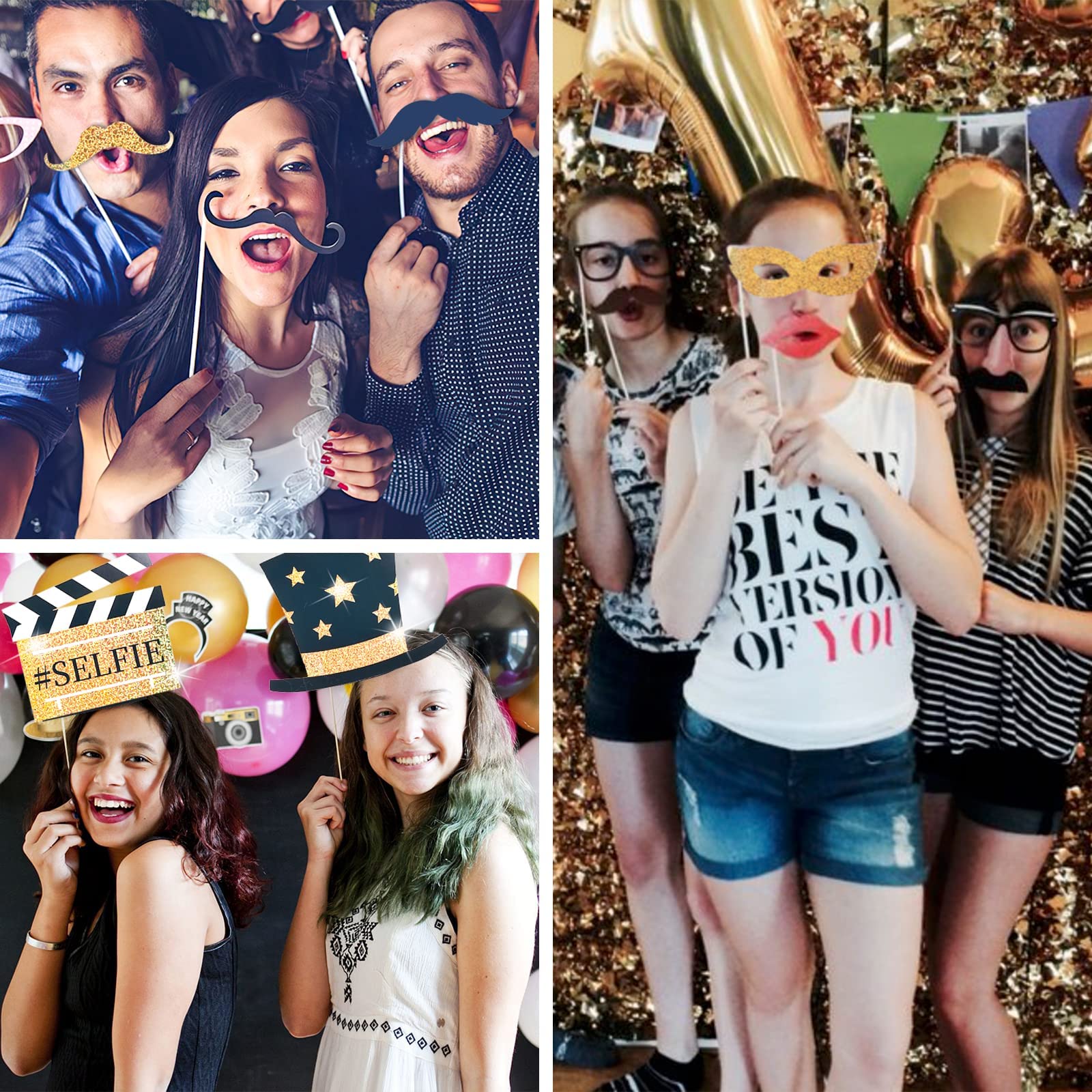 PartyWoo Photo Booth Props Birthday, 40 pcs Glitter Photo Booth Backdrops with Large Hats Glasses Mustaches, Black and Gold Party Favors Signs for Selfie Photobooth 30th 40th 50th 90th Birthday Men