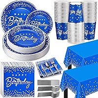 Nosiny 352 Pcs Birthday Party Supplies Birthday Plates Dot Party Dinnerware Sets Serve 50 Guests Include Disposable Tablecloths Plates Cups Napkins Forks Knives Spoons for Birthday(Blue, Silver)
