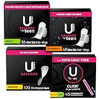 My First Period Bundle: Balance Sized for Teen Ultra Thin Pads w/Wings Heavy (56 Ct) & Overnight (48 Ct), Daily Panty Liners, Light, Reg Length (100 Ct) & Compact Tampons, Reg/Super (45 Ct)