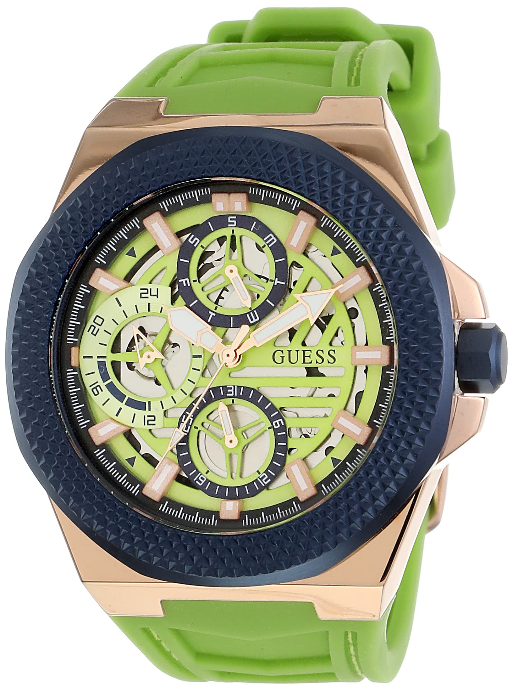 GUESS Men's 44mm Watch - Lime Green Strap Blue Dial Two-Tone Case