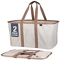 CleverMade Collapsible Laundry Tote, LUXE Cream Herringbone 2PK - 50L (13 Gal) Premium Cotton Blend Collapsible Laundry Baskets with Sturdy Pop-Up Wire Frame, Long Carry Handles, Vegan Leather Accents