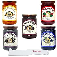 Trappist Preserves Jelly Jam Assortment Bundle - (5) 12oz Jars of Jams, Jellies & Preserves | Apricot Pineapple Preserve, Damson Plum Jam, Red Currant Jelly, Boysenberry Jam Seedless, Elderberry Jelly and (1) Wyked Yummy Plastic Sandwich Spreader Spatula