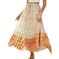 Women's 2023 Boho Floral Maxi Skirt A Line Summer Midi Skirt High Waist Long Skirt for Women Trendy