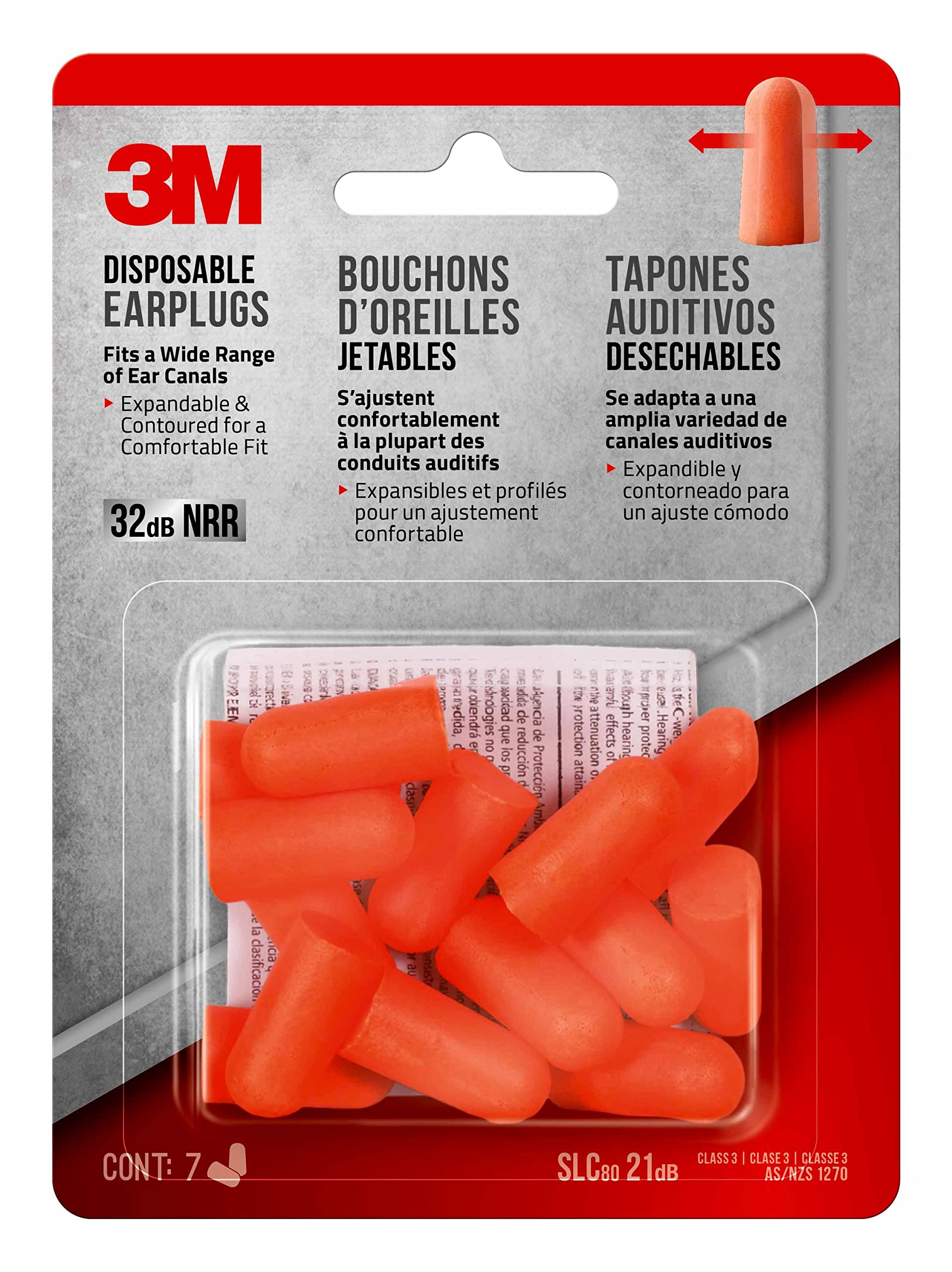 3M Disposable Earplugs, Lightweight and Pliable Ear Plugs, NRR 32dB, 7-Pair