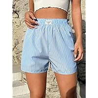 Women's Shorts Vertical Striped Letter Patched Detail Shorts Shorts for Women (Color : Blue, Size : Large)