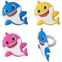 DecoPac Baby Shark Rings, Cupcake Decorations Featuring Baby Shark, Mommy Shark, And Daddy Shark, Blue, Pink, And Yellow 3D Food Safe Cake Toppers – 24 Pack