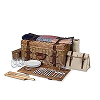 PICNIC TIME Charleston Luxury Wicker Picnic Basket for 4 with Blanket and Deluxe Set, Beige Canvas