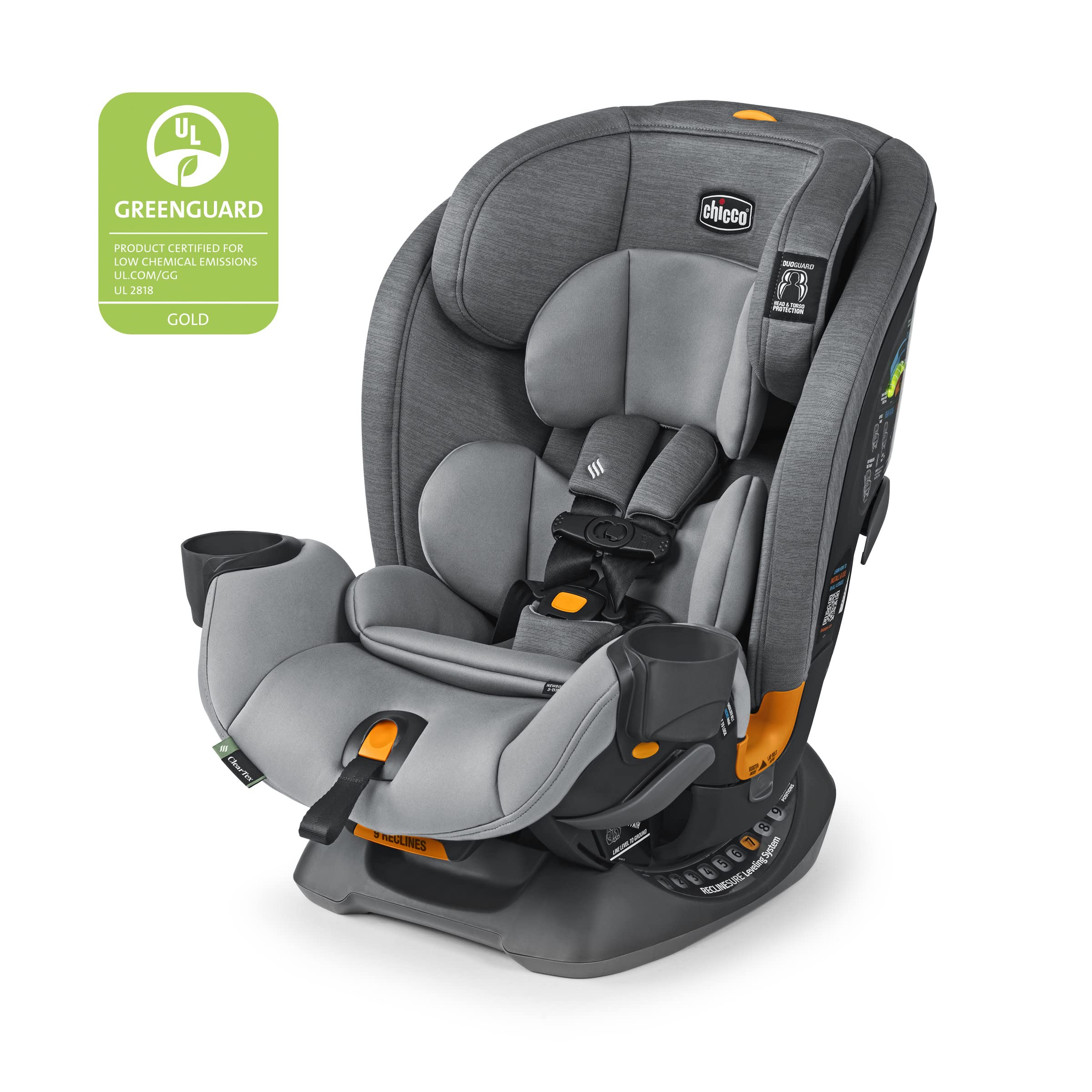 Chicco OneFit ClearTex Slim All-in-One Car Seat, Rear-Facing Seat for Infants 5-40 lbs., Forward-Facing Car Seat 25-65 lbs., Booster 40-100 lbs., Convertible Car Seat | Drift/Grey