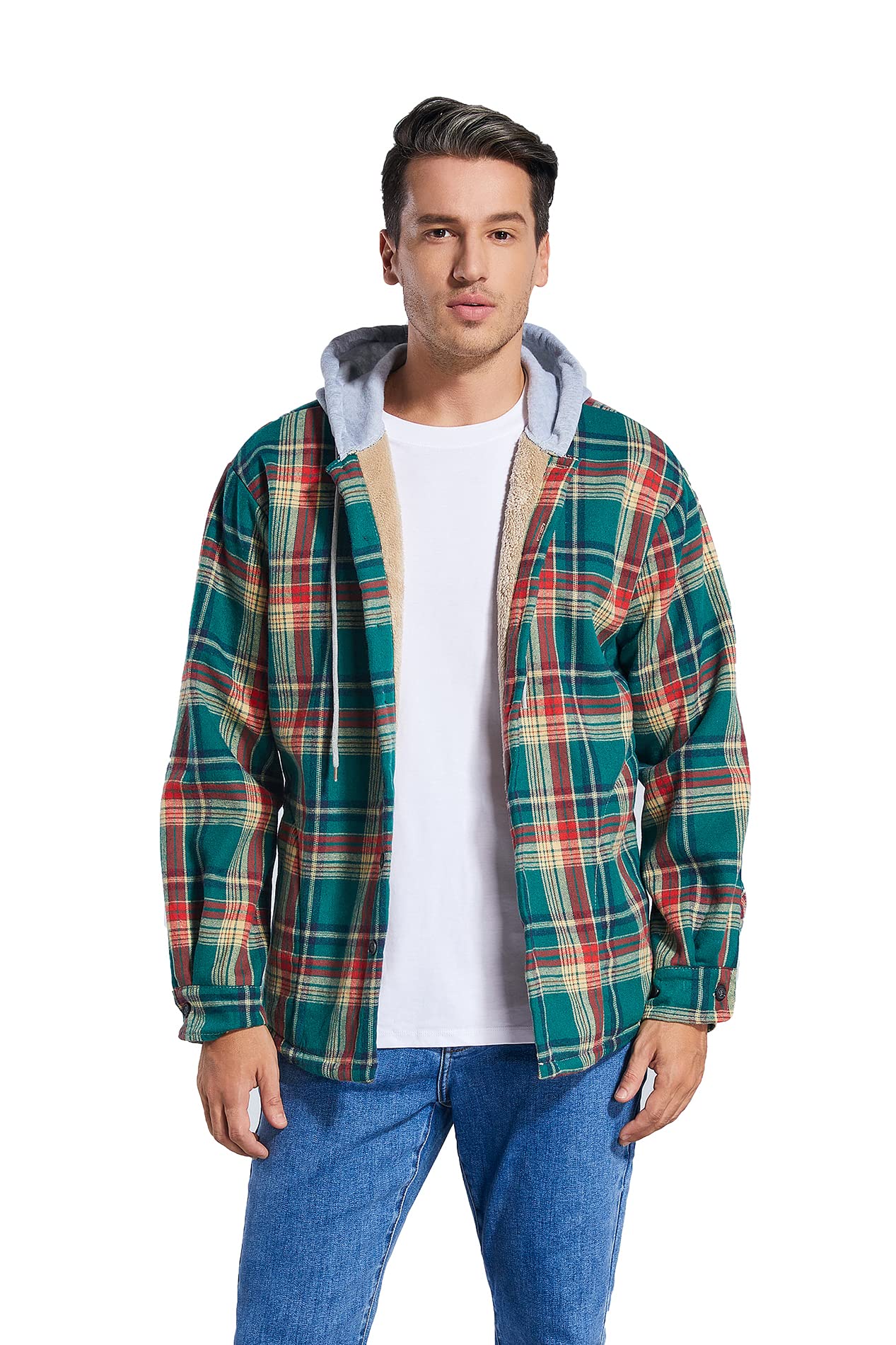 Derbars Men's Cotton Plaid Shirts Jacket Fleece Lined Flannel Shirts Sherpa Button Down Jackets with Hood for Men
