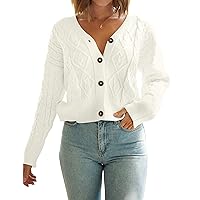 MEROKEETY Women's Long Sleeve Open Front Cable Knit Crop Cardigans V Neck Button Sweaters with Pockets