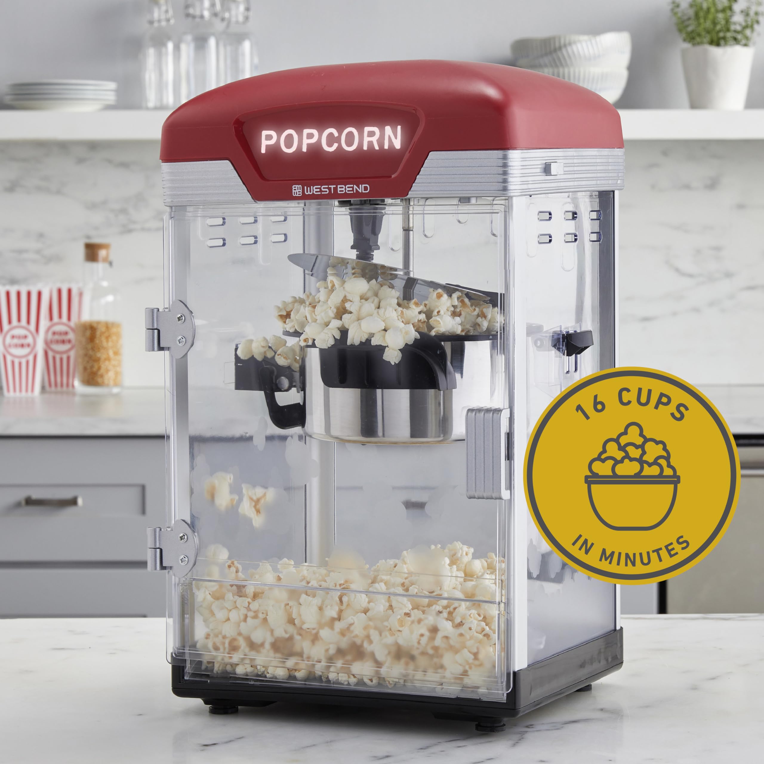 West Bend Stir Crazy Movie Theater Popcorn Popper, Gourmet Popcorn Maker Machine with Nonstick Popcorn Kettle and Popcorn Scoop for Popcorn Machine, 4 Qt., Red