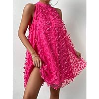 Women's Dress Butterfly Appliques Mesh Overlay Halter Neck Dress Women's dressEVEBABY (Color : Hot Pink, Size : Large)