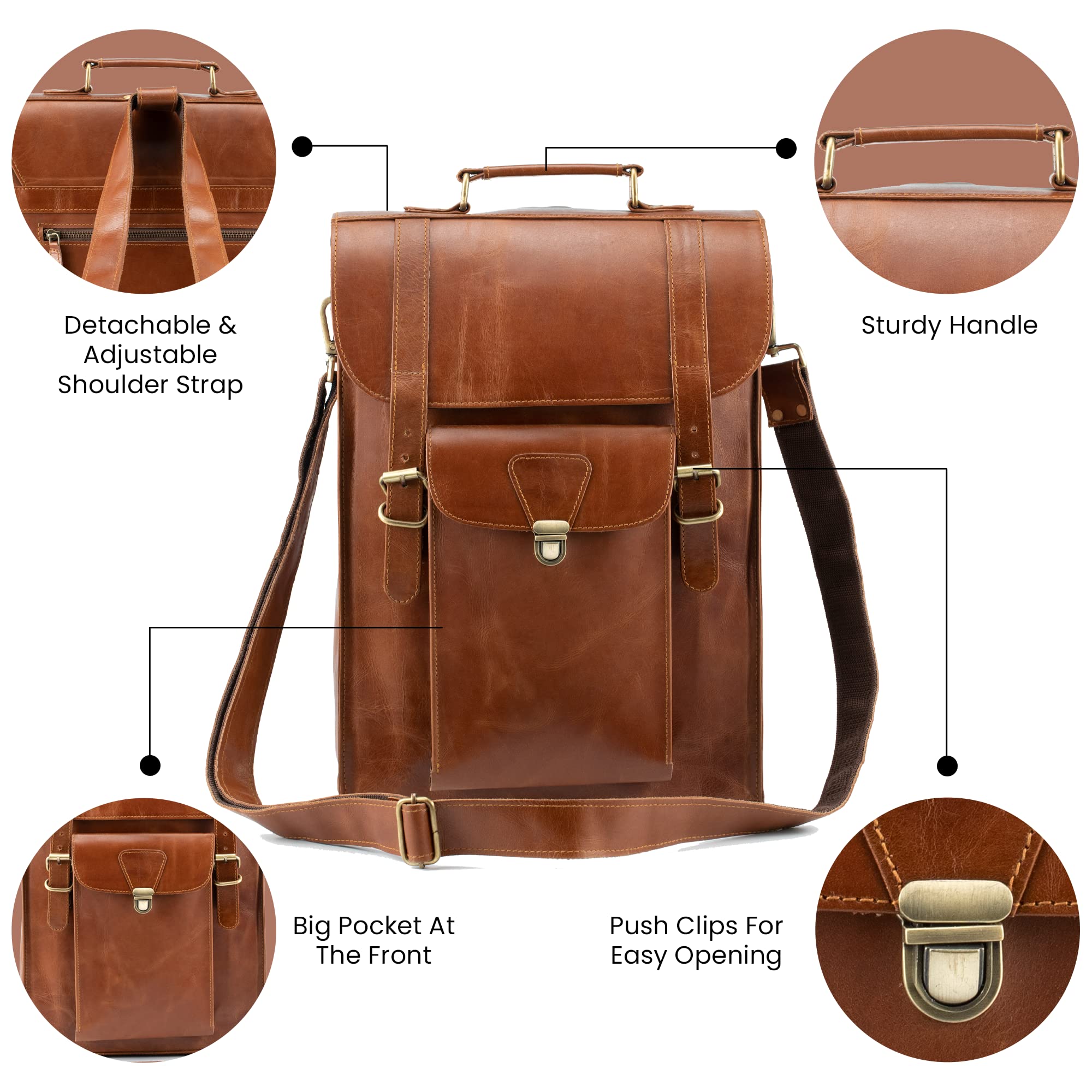 Handmade World Full Grain Buffalo Leather 17 Inch Large Backpack Convertible Vertical Messenger bags Computer Briefcase Laptop Satchel Travel Bag for Office Work College