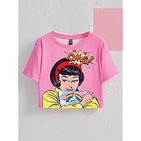 Women's Tops Sexy Tops for Women Shirts Pop Art Print Ribbed Crop Tee (Color : Pink, Size : X-Small)