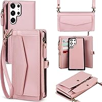 for Samsung Galaxy S22 Ultra Wallet Case for Women, Support Wireless Charging with RFID Blocking Card Holder, Leather Zipper Detachable Magnetic Phone Case with Crossbody Strap Lanyard, Pink