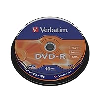 Verbatim DVD-R Discs with AZO Protection 10 Spindle Pack, Bulk Pack 10 x DVD-R Blank Discs with Hard Coat Scratch Guard and AZO Protection Against UV, 16x Speed, 4.7 GB