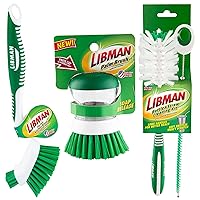 Libman Bottle & Dish Brush Kit | Cleaning Brushes for Kitchen Use | Straw Brush | Scrub Brushes for Dishes | Big Job Kitchen Brush | Palm Scrub Brush | 3 Different Brushes & Straw Cleaner Included