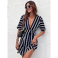 Women's Dress Dresses for Women Striped Plunging Neck Fold Pleated Detail Dress (Color : Navy Blue, Size : Large)