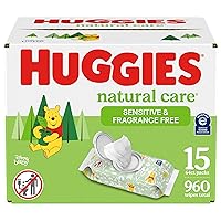 Natural Care Sensitive Baby Wipes, Unscented, Hypoallergenic, 99% Purified Water, 15 Flip-Top Packs (960 Wipes Total)