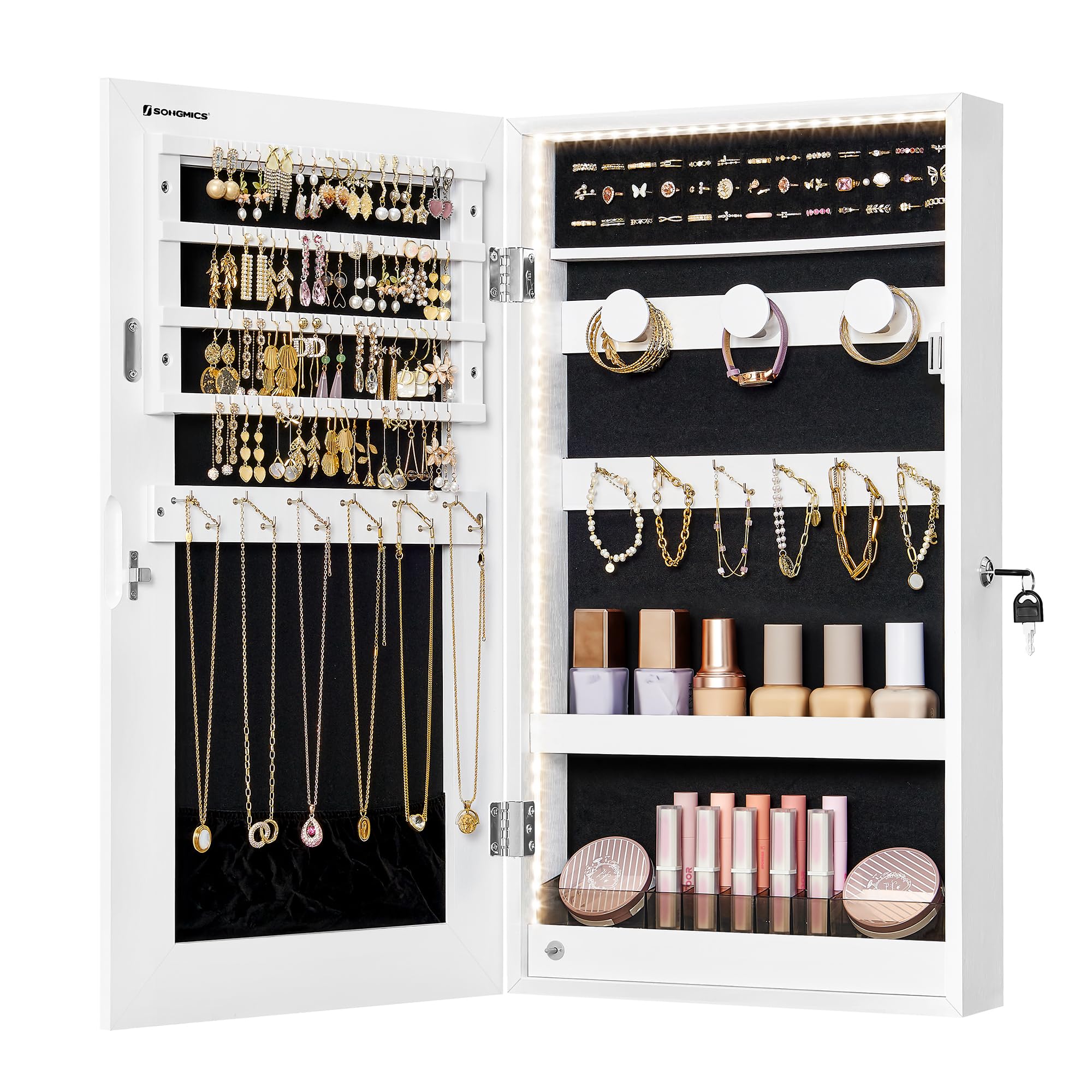SONGMICS Mirror Jewelry Cabinet Armoire with Built-in LED Lights, Wall or Door Mounted Jewelry Storage Organizer, 3.8 x 14.6 x 26.4 Inches Hanging Mirror Cabinet, Gift Idea, White UJJC050W01