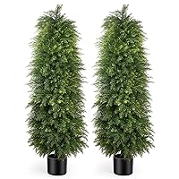 2 Pack 5ft Artificial Cedar Topiary Trees, Outdoor Artificial Plants for Front Porch Décor, Artificial Shrubs Fake Plants Uv Rated Potted Plants for Outdoor, Indoor, Front Door, Office.