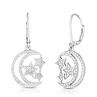 Natalia Drake Moon Star Leverback Dangle 1/7 Cttw Diamond Earrings for Women in Rhodium Plated 925 Sterling Silver