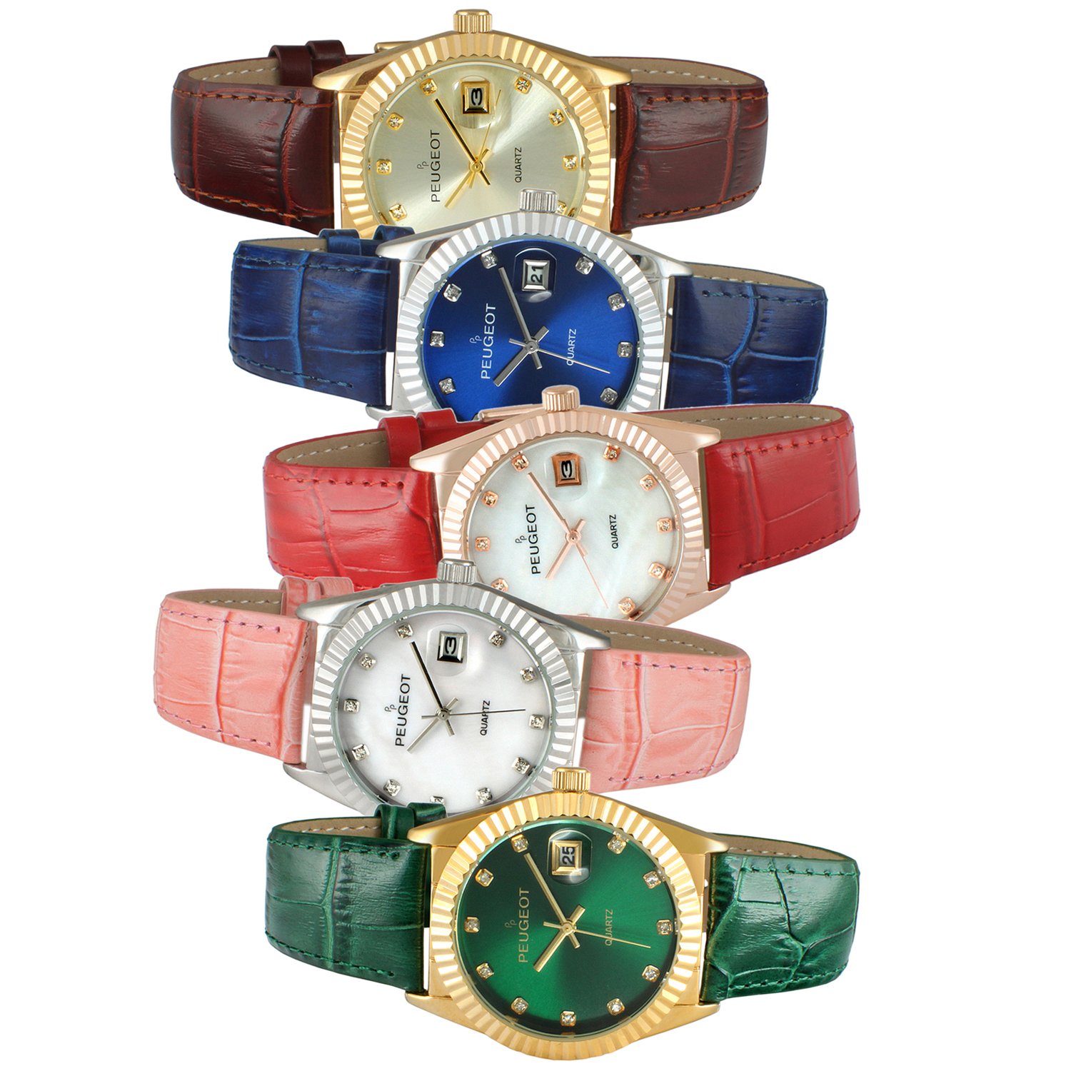 Peugeot Women's Dress Quartz Watch with Coin Edge Bezel, Date Window & Leather Band