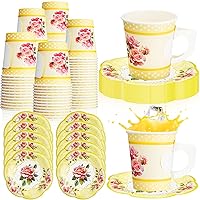 100 Pcs Tea Party Decorations Includes 50 7 oz Paper Tea Cups with Handle 50 Vintage Floral Plates Disposable Tea Cups and Saucers for Wedding Spring Party Birthday Hot Cold Drinks(Yellow)