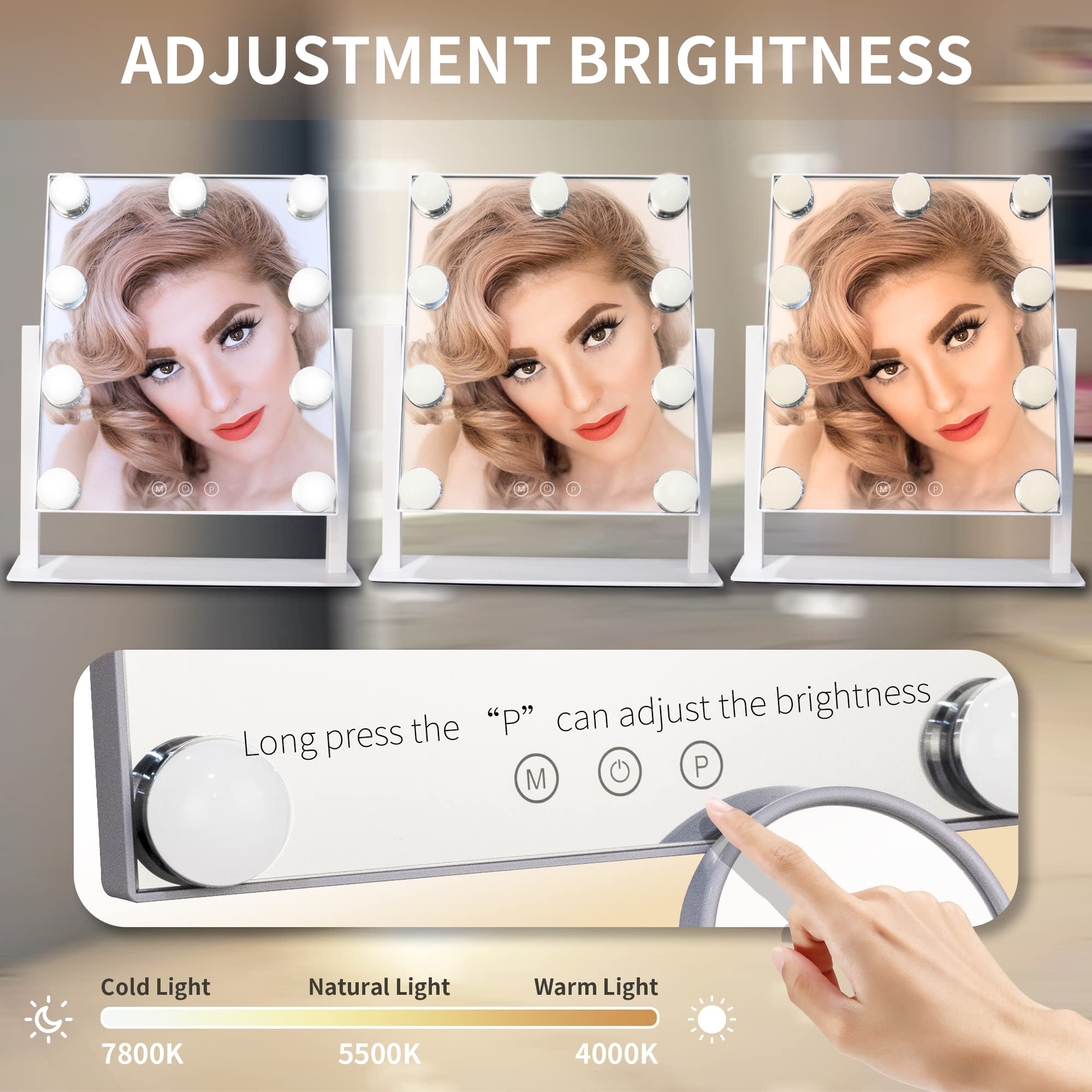 SLIMOON Hollywood Vanity Mirror with Lights, 9 Dimmable LED Bulbs Lighted Makeup Mirror with Detachable 10X Magnification Mirror, 1200mAh Rechargeable, 3 Color Lights, Touch Control