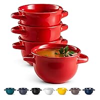 KooK Broil Safe Soup Bowls, French Onion Soup Crocks, Oven Safe Soup Mugs, Ceramic Bowls with Handles, for Rice, Dessert, Pasta, Dishwasher, Microwave, Set of 4, 18 oz (Red)
