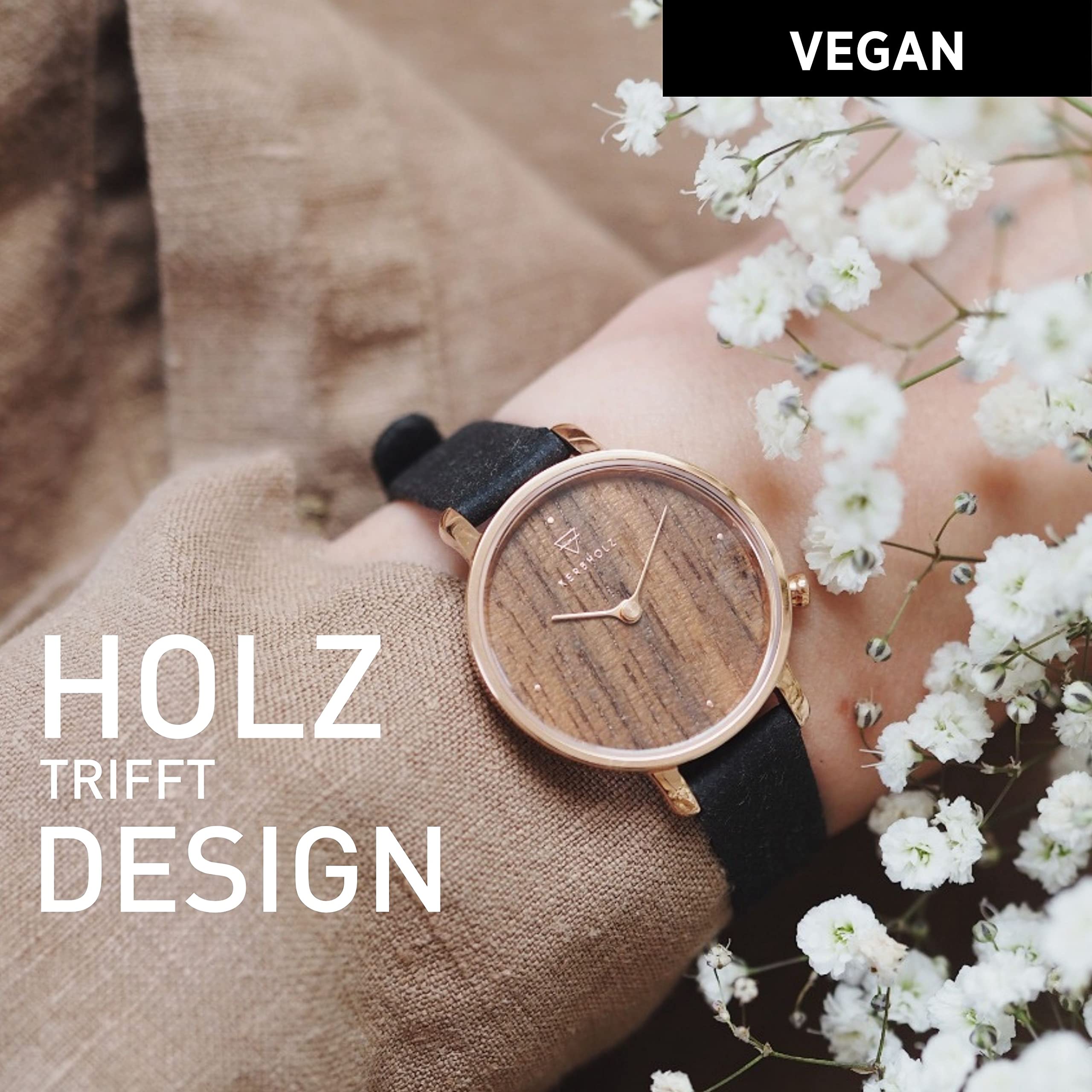 Kerbholz - Holzuhr Damen - Emma Vegan - kleine analoge Quarz Damenuhr mit Echtholz Ziffernblatt - Uhrenarmband aus veganem Papiermaterial - leichte Uhr für Frauen aus hochwertigem Holz, Ø 30mm