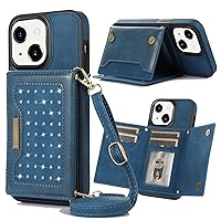 XYX Wallet Case for iPhone 14 Plus 6.7 Inch, Crossbody Strap PU Leather RFID Blocking Credit Card Holder Card Cases Women Girl with Adjustable Lanyard for iPhone 14 Plus, Blue