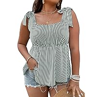 WDIRARA Women's Plus Size Striped Tie Shoulder Sleeveless Square Neck Ruffle Hem Casual Peplum Tank Top