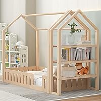 Merax Twin Size Wood House Bed Frame with Fence and Detachable Storage Shelves for Boys and Girls,Placed on The Left/Right,Natural