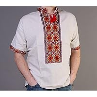 Vyshyvanka Mens Ukrainian Embroidered Shirt Handmade Gray Linen Red Orange Short Sleeve 3XL