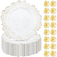 24 Set Charger Plate with Napkin Ring 13 in Round Matte Reef Plate Charger Ruffled Rim Dinner Charger Hollow out Flower Napkin Holder Plastic Plate Charger for Table Setting Wedding (White)