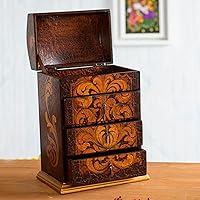 NOVICA Floral Motif Cedar Wood Jewelry Box with Drawers and Hinged Lid, Love Blossom'