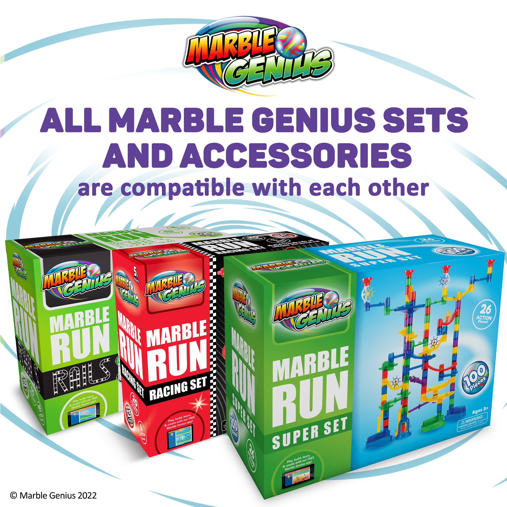 Marble Genius Marble Run (150 Complete Pieces) Maze Track or Race Game for Adults, Teens, Toddlers, or Kids Aged 4-8 Years Old, (85 Translucent Marbulous Pieces + 65 Glass-Marble Set), Super Set