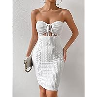 Dresses for Women Tie Front Cut Out Drawstring Tube Bodycon Dress (Color : White, Size : Large)