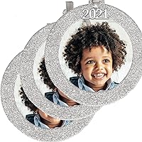 2021 Magnetic Glitter Christmas Photo Frame Ornament with Non Glare Photo Protector, Round - Silver, 3-Pack