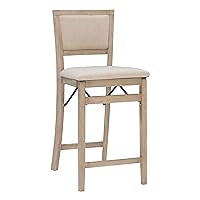 Linon Keira Natural Rustic Wooden Folding Counter Stool with Beige Upholstered Seat and Back