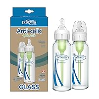 Natural Flow Anti-Colic Options+ Narrow Glass Baby Bottle 8 oz/250 mL, with Level 1 Slow Flow Nipple, 2 Pack, 0m+