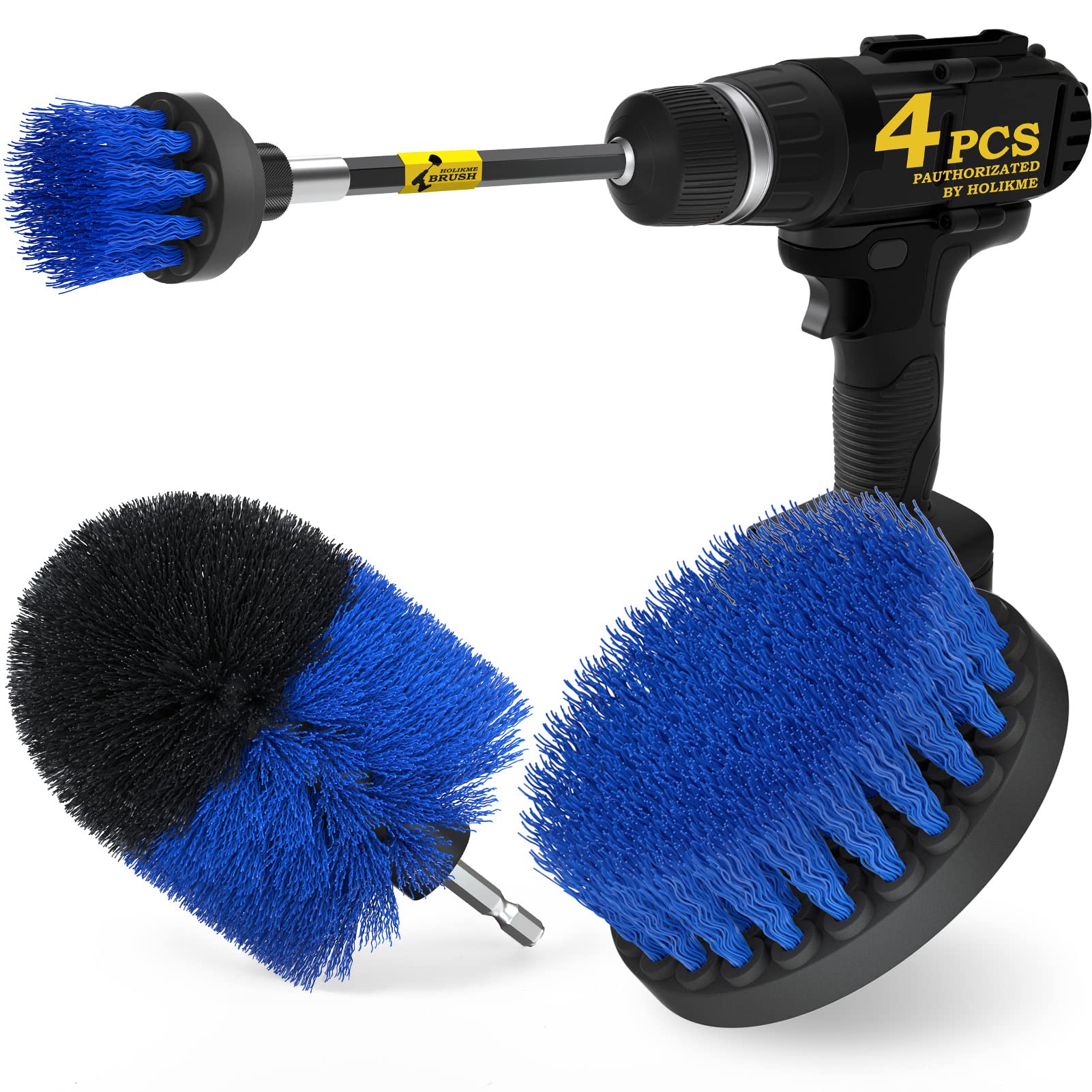 Holikme 4Pack Drill Brush Power Scrubber Cleaning Brush Extended Long Attachment Set All Purpose Drill Scrub Brushes Kit for Grout, Floor, Tub, Shower, Tile, Bathroom，Scrub Brush Blue