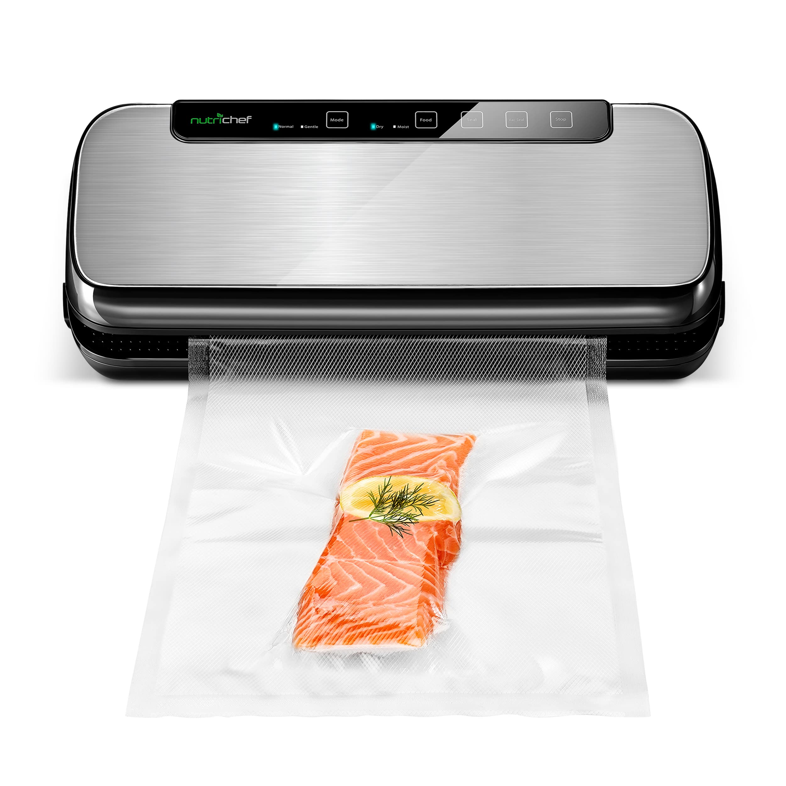 NutriChef PKVS Sealer | Automatic Vacuum Air Sealing System Preservation w/Starter Kit | Compact Design | Lab Tested | Dry & Moist Food Modes | Led Indicator Lights, 12