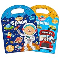 Reusable Sticker Books for Kids 2-4, 2 Sets Jelly Quiet Book, Preschool Learning Activities Busy Book for Toddler Travel Toys Waterproof Stickers for Kids (Vehicles & Space)